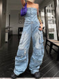 Tube Top Cinched Waist Jumpsuit Denim Jeans Body Pants