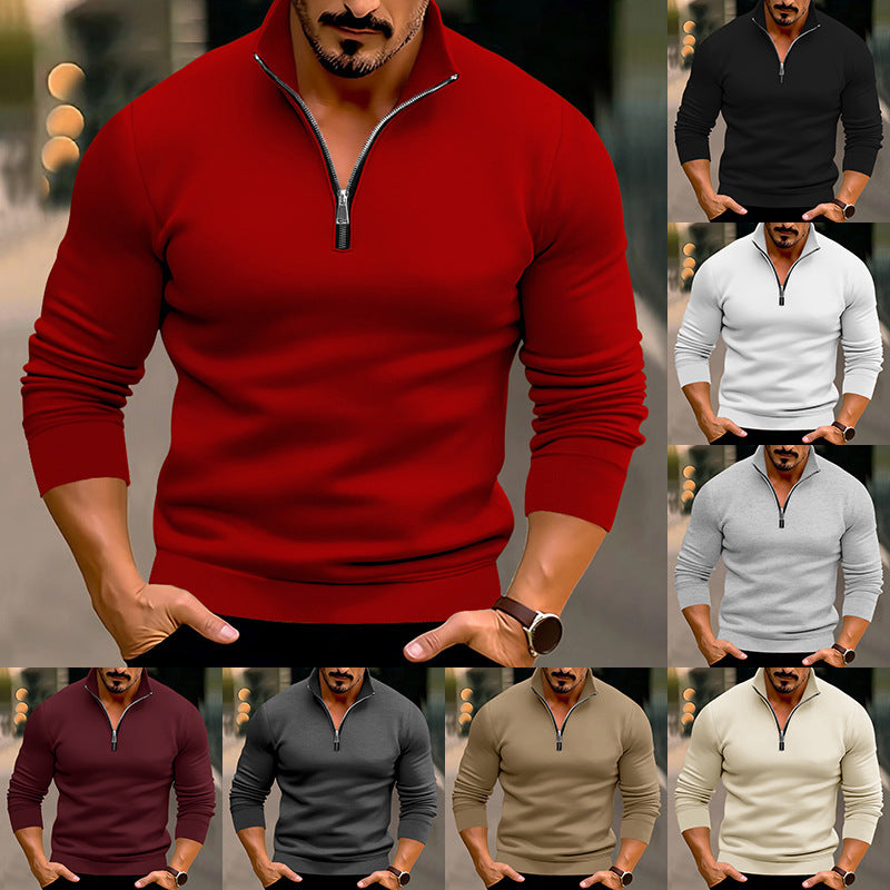 Men's Casual Solid Color Long-Sleeved Zipper Neck Top Huge Variety