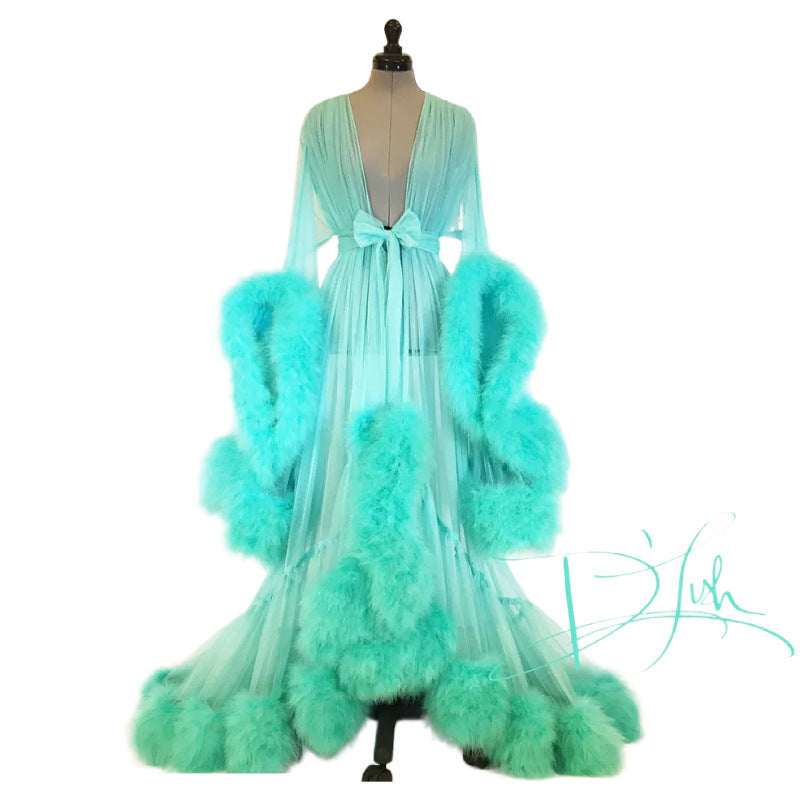 Luxurious Furry Feather Nightdress Long Skirt Robe