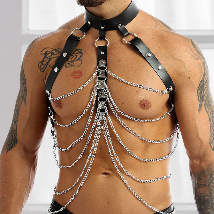 Men's Backless Leather Strap Metal Chains