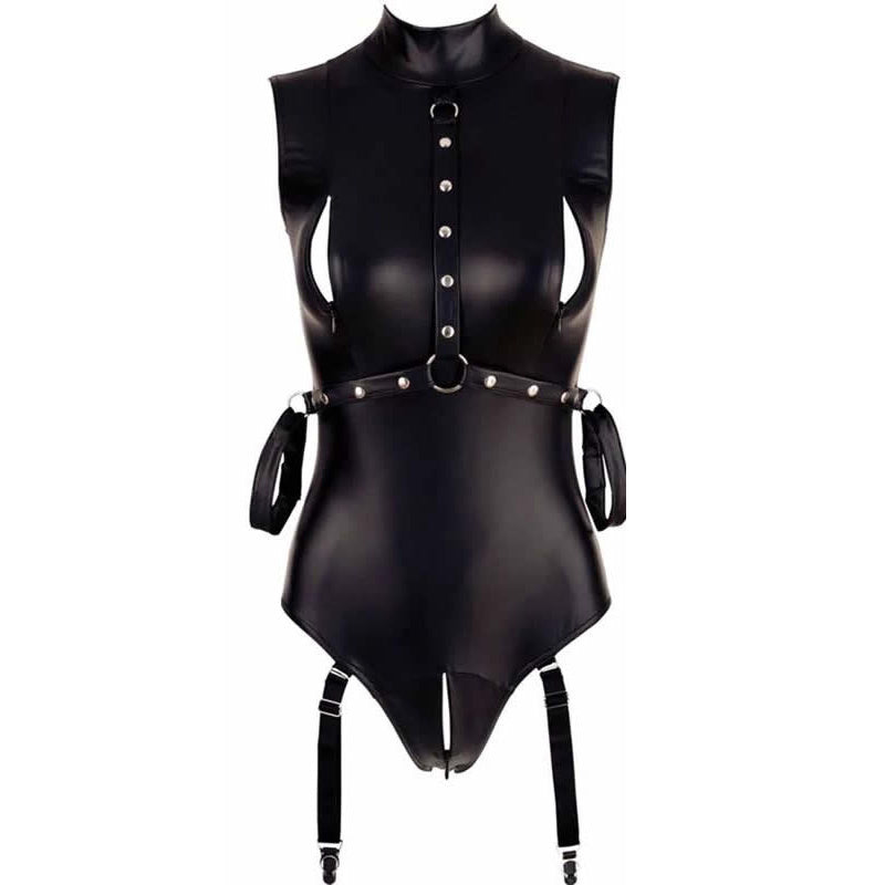 Elastic Patent Leather Bondage Zipper Crotch Cutout Bodysuit Multiple Sizes