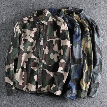 Washed Twill Woven Button-Up Long-Sleeve Camouflage Print Shirt