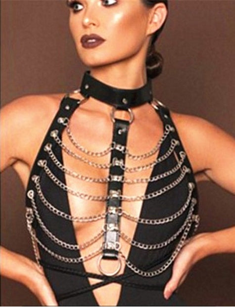 Chran Leather Harness Bondage Chain Collar Choker