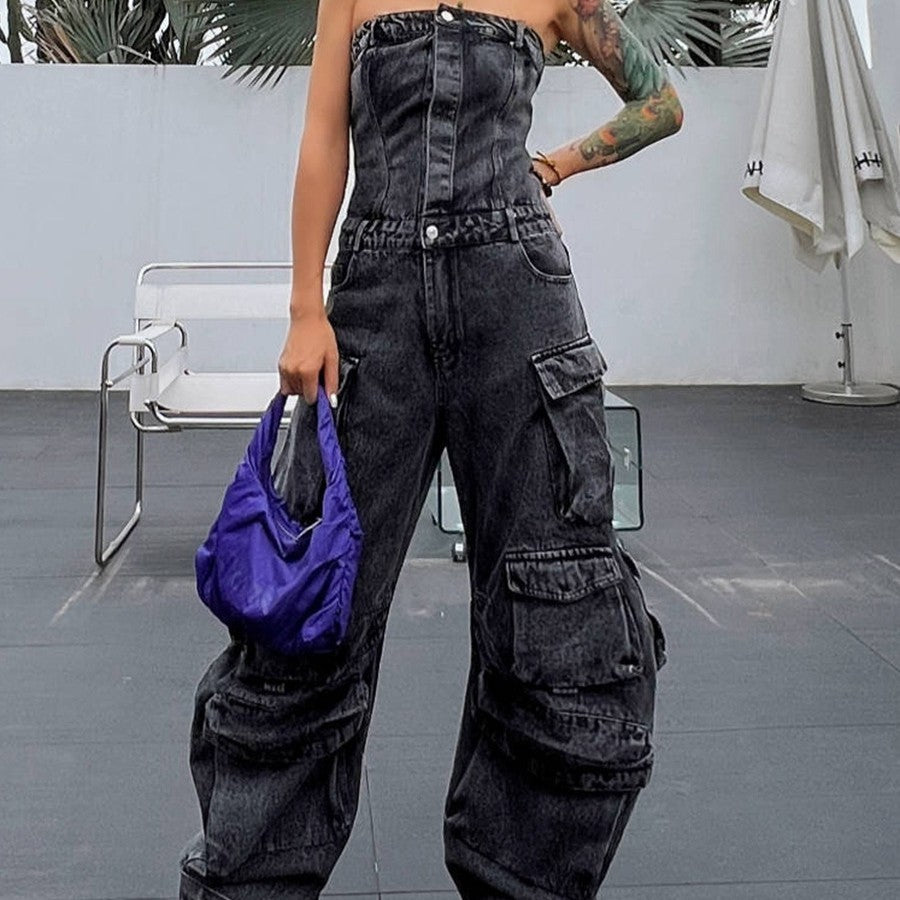 Tube Top Cinched Waist Jumpsuit Denim Jeans Body Pants