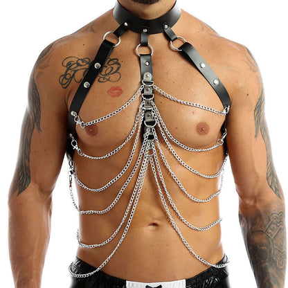 Men's Backless Leather Strap Metal Chains