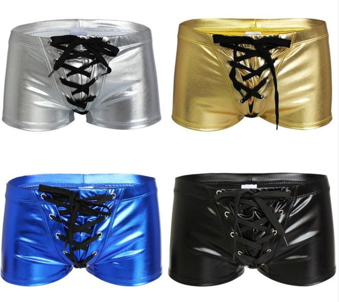 Men's Latex Faux Leather/Metallic Drawstring Boxers Multiple Colors