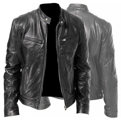 Men's PU Leather Zipper Multi-Pocket Jacket With Collar