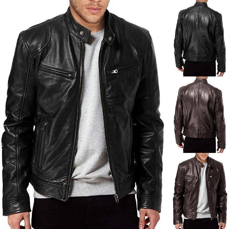 Men's PU Leather Zipper Multi-Pocket Jacket With Collar