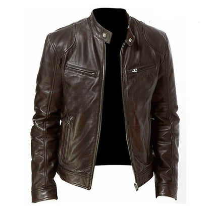 Men's PU Leather Zipper Multi-Pocket Jacket With Collar