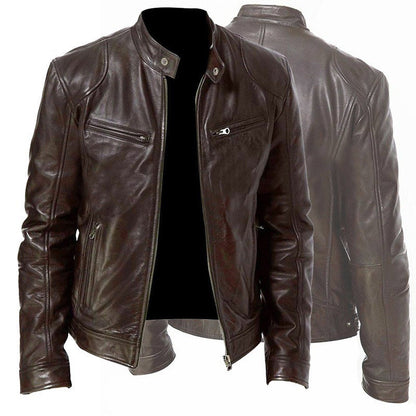 Men's PU Leather Zipper Multi-Pocket Jacket With Collar