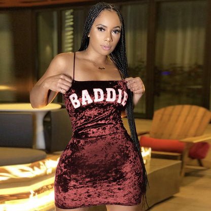 "BADDIE" Alert Bodycon Velvet Suede Dress