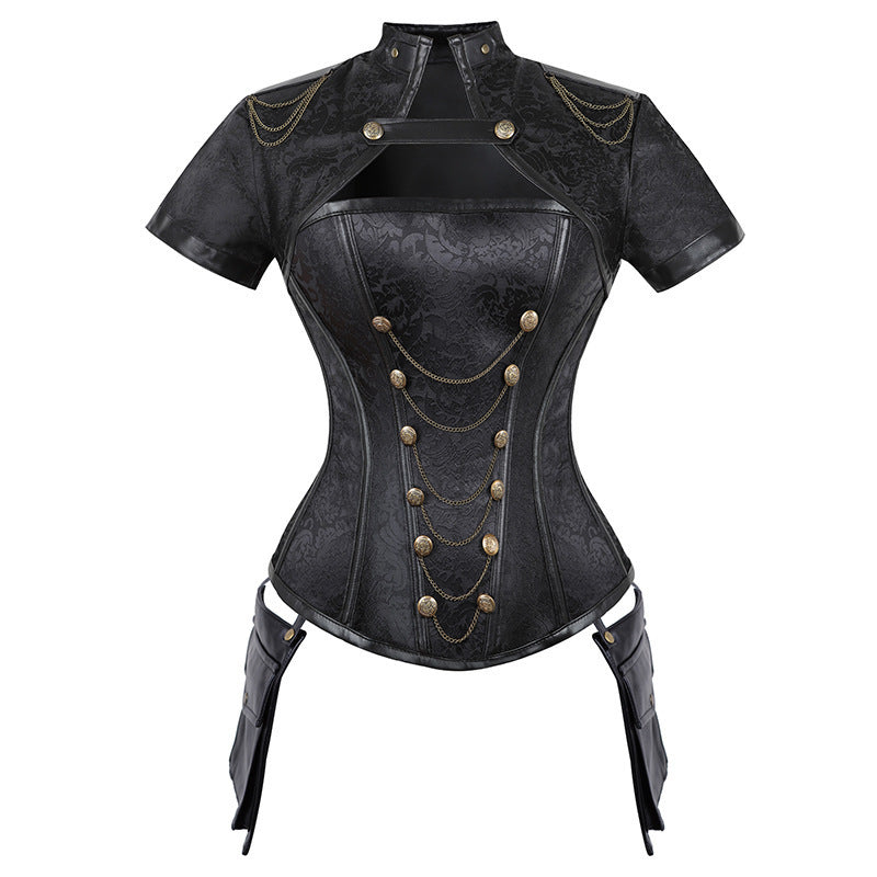 Steampunk Short Sleeve Corset Shawl Tops Punk Flap Pocket