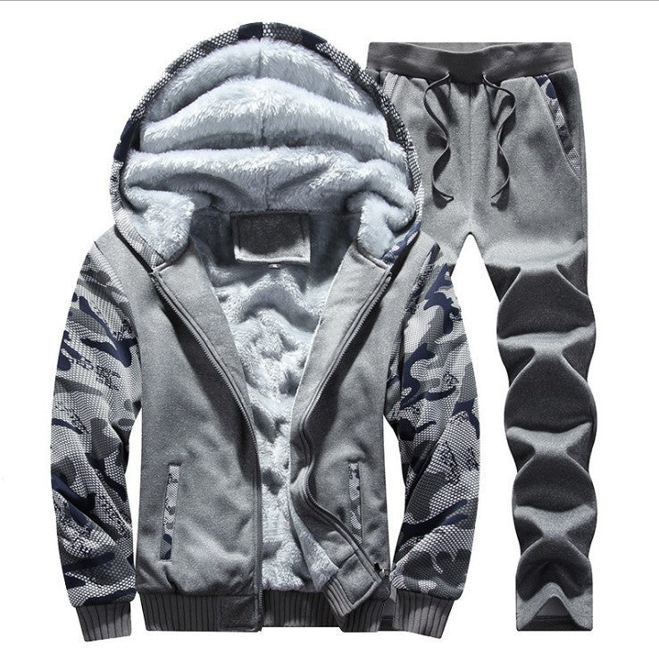 Men's Thick Double Layered Plush Long Sleeve Hoodie Drawstring Casual Joggers