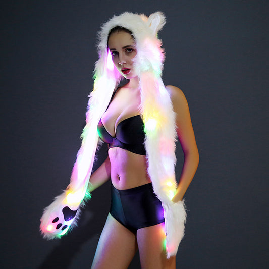 LED White Furry Glowing Ears With Paw Detail Pockets