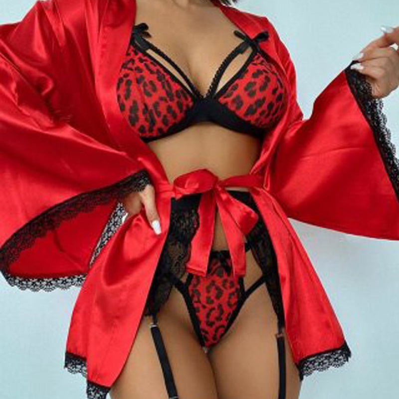 3-Piece Lingerie Red Leopard Satin Nightdress Robe Multiple Sizes