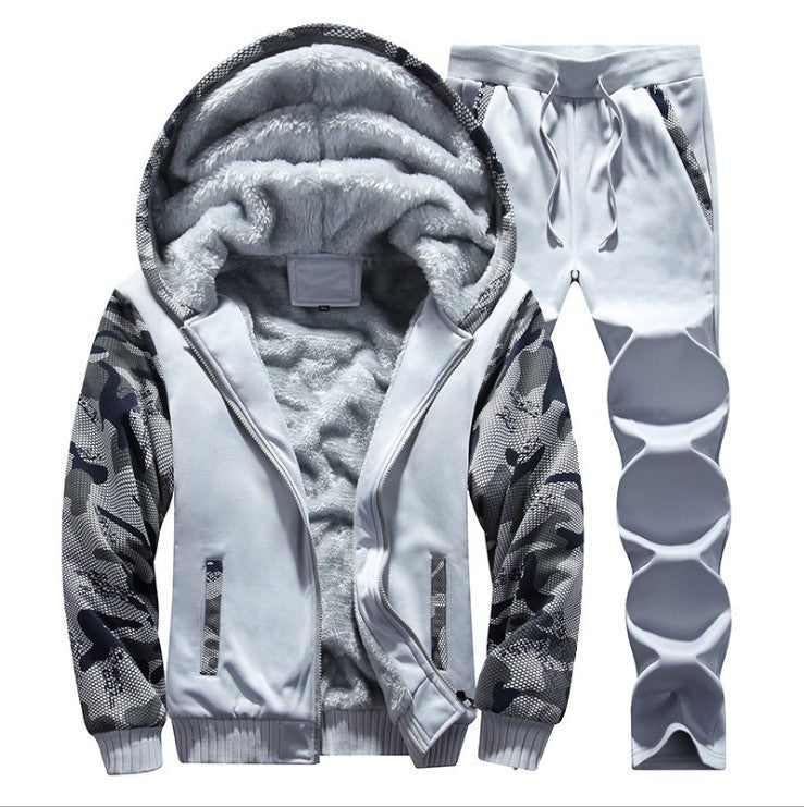 Men's Thick Double Layered Plush Long Sleeve Hoodie Drawstring Casual Joggers