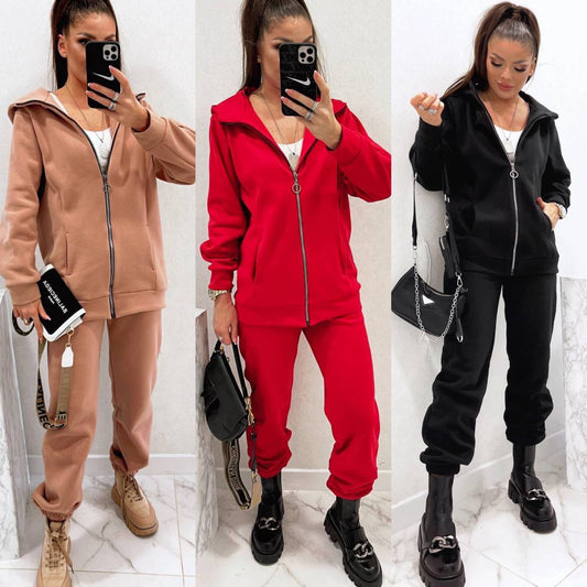 Solid Color Hooded Long-Sleeve Zipper Sweater & Jogger Suit