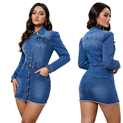 Long Sleeve Denim Button-Up Jacket Dress With Pockets