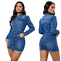 Long Sleeve Denim Button-Up Jacket Dress With Pockets