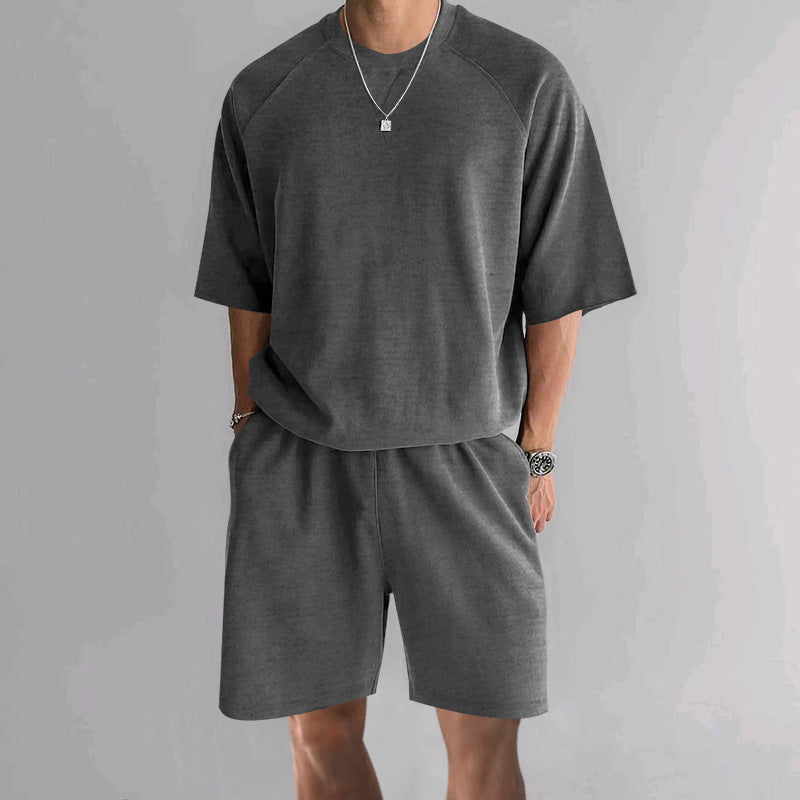 Men's Terry Casual Round Neck Short Sleeve & Shorts Set Huge Variety