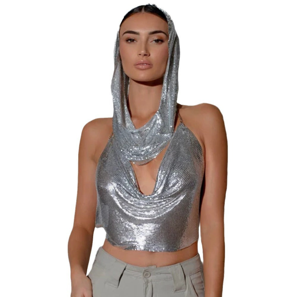 Back Slit Metal Sequins Top Scarf 2-Set