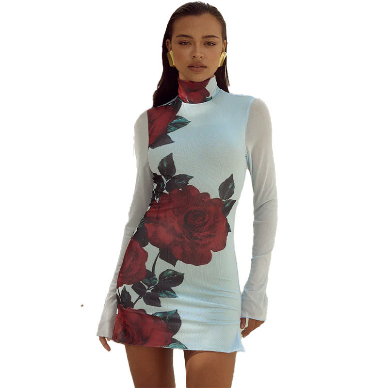 Women's Light Blue Red Rose Print Slim Fit Turtleneck Dress