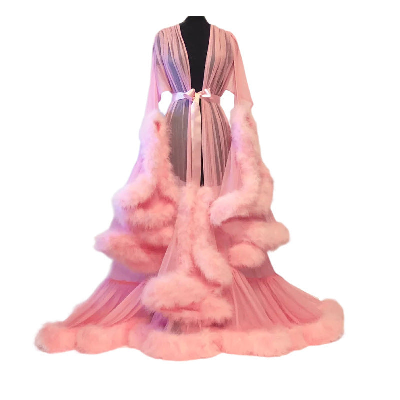 Luxurious Furry Feather Nightdress Long Skirt Robe