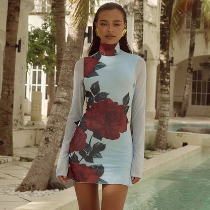 Women's Light Blue Red Rose Print Slim Fit Turtleneck Dress