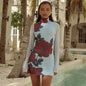 Women's Light Blue Red Rose Print Slim Fit Turtleneck Dress