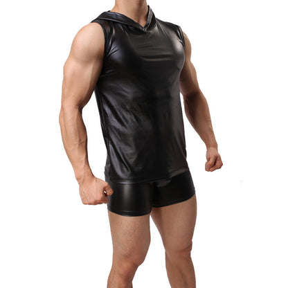 Casual Faux Leather Hooded Tank Vest Top & Leather Shorts