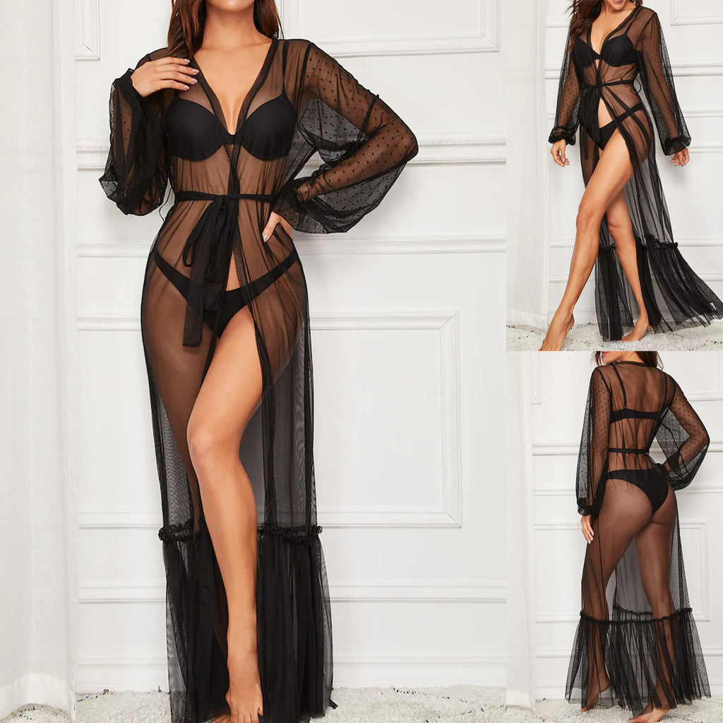 Women's Black Mesh Long Dress Robe