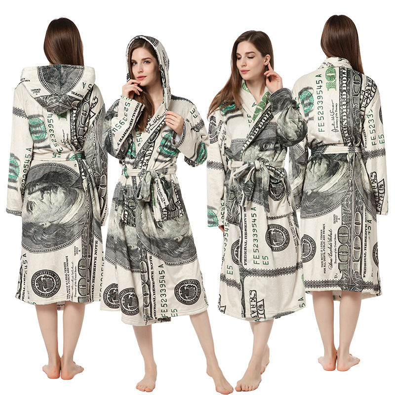 Warm Night Gown Flannel "100" Print Bathrobe Hooded Or Lapel Personalized Collar