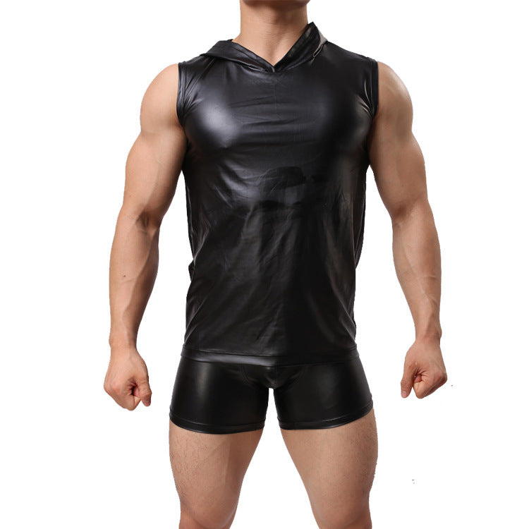 Casual Faux Leather Hooded Tank Vest Top & Leather Shorts