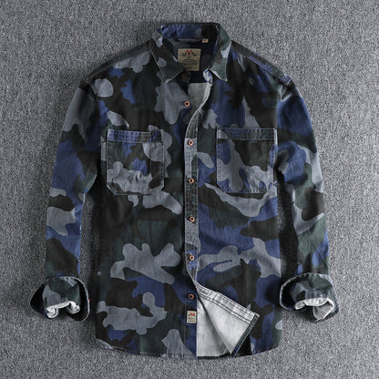 Washed Twill Woven Button-Up Long-Sleeve Camouflage Print Shirt