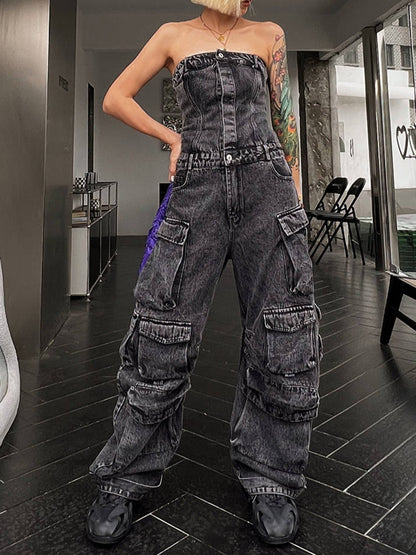 Tube Top Cinched Waist Jumpsuit Denim Jeans Body Pants