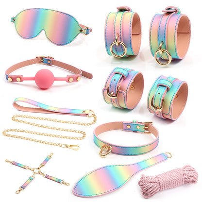 Multicolor Rainbow Binding Collar Mask Cuff Bracelet 8-Set Suit