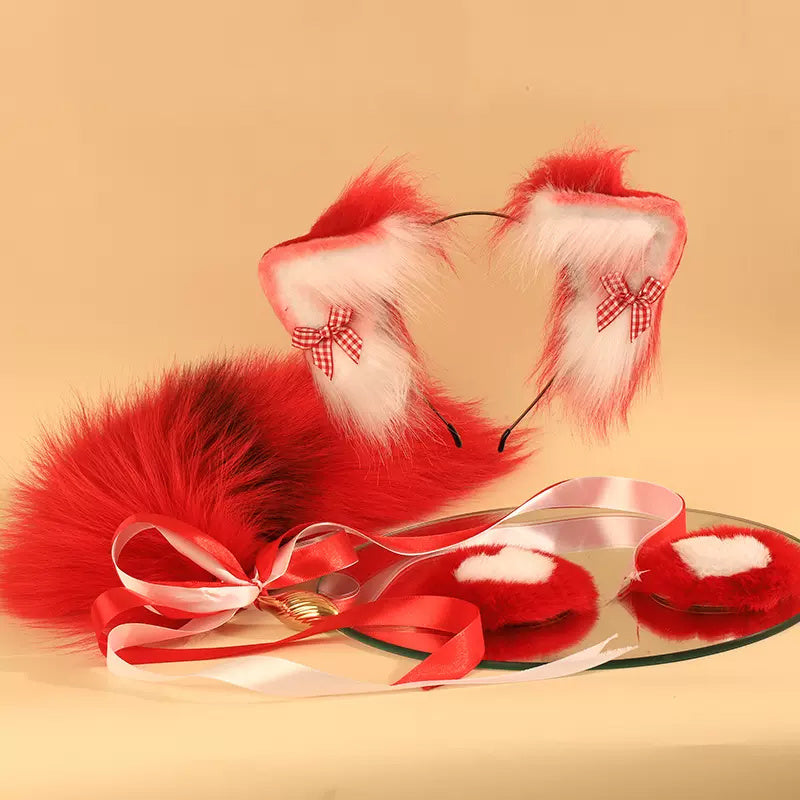 Luxury Red Fire Fox Tail Headband Nipple Tassels Gold Metal Plug Set