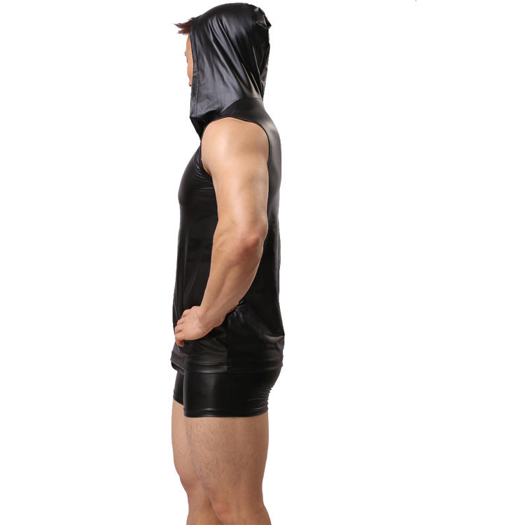 Casual Faux Leather Hooded Tank Vest Top & Leather Shorts