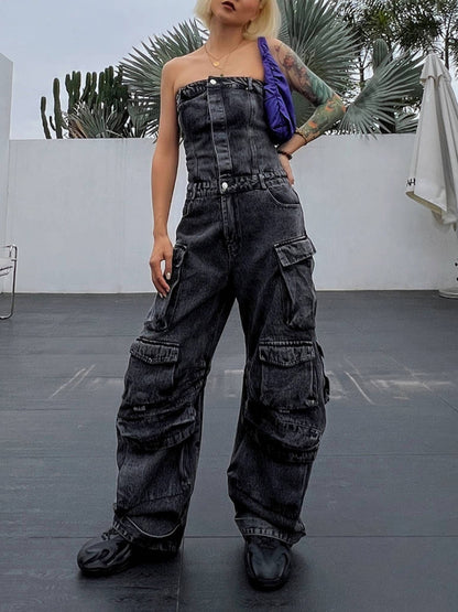 Tube Top Cinched Waist Jumpsuit Denim Jeans Body Pants