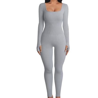 Long Sleeve Square Collar Neck Fitness Jumpsuit