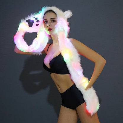 LED White Furry Glowing Ears With Paw Detail Pockets