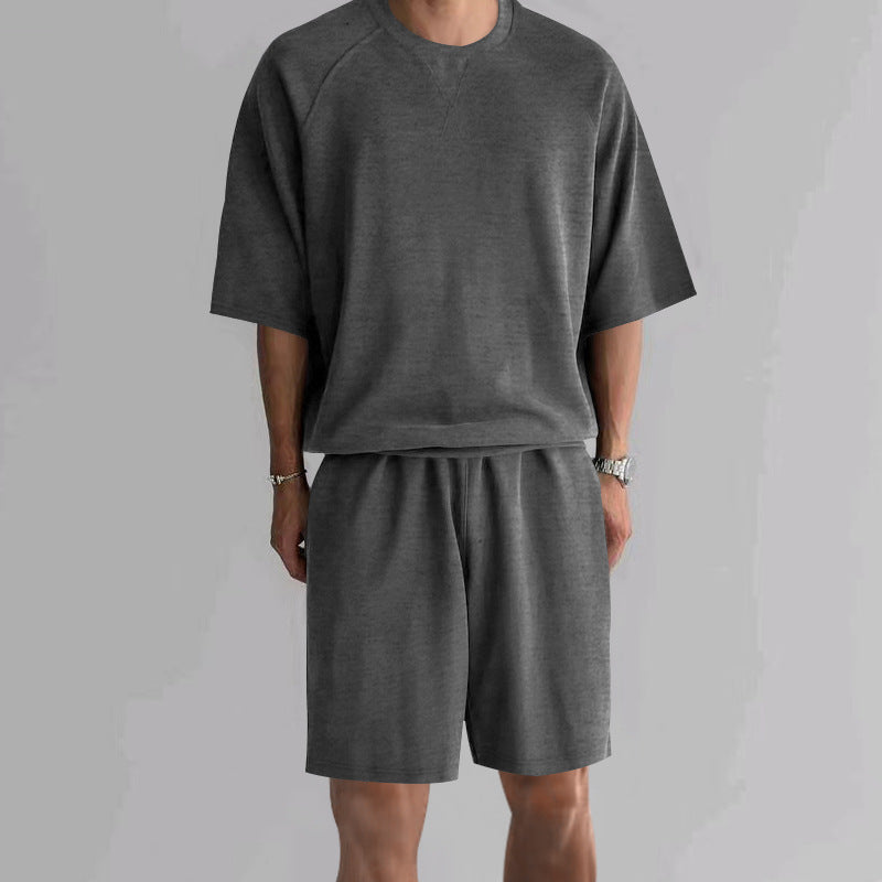 Men's Terry Casual Round Neck Short Sleeve & Shorts Set Huge Variety