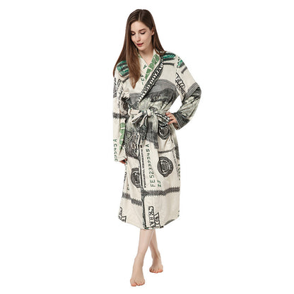 Warm Night Gown Flannel "100" Print Bathrobe Hooded Or Lapel Personalized Collar