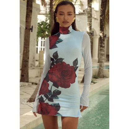 Women's Light Blue Red Rose Print Slim Fit Turtleneck Dress