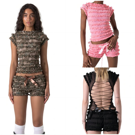 Lace Puffy Distressed Open Tie-Up Back Shirt Shorts 2-Set