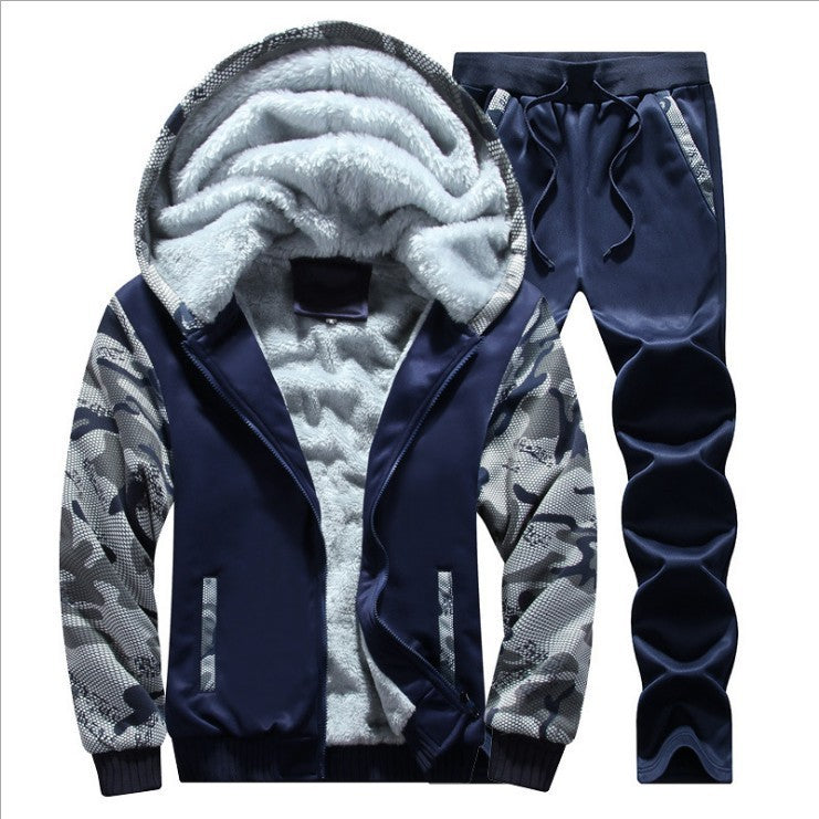 Men's Thick Double Layered Plush Long Sleeve Hoodie Drawstring Casual Joggers