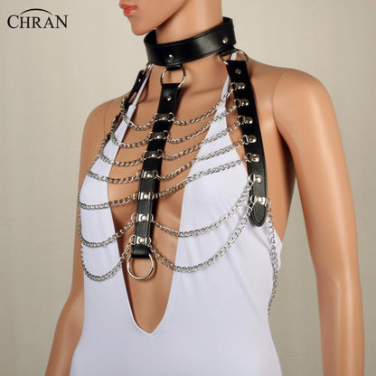 Chran Leather Harness Bondage Chain Collar Choker