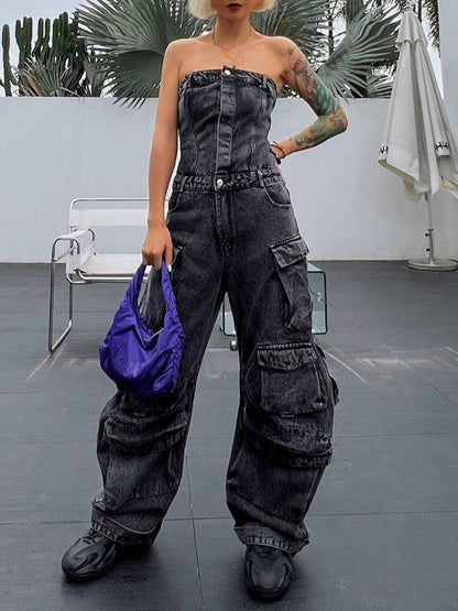 Tube Top Cinched Waist Jumpsuit Denim Jeans Body Pants