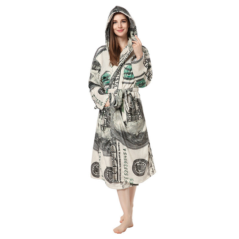 Warm Night Gown Flannel "100" Print Bathrobe Hooded Or Lapel Personalized Collar