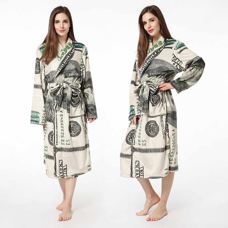 Warm Night Gown Flannel "100" Print Bathrobe Hooded Or Lapel Personalized Collar